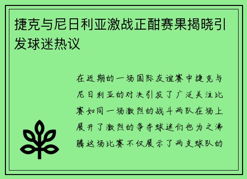 捷克与尼日利亚激战正酣赛果揭晓引发球迷热议